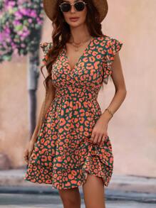 SHEIN VCAY 滿版印花打褶荷葉邊連衣裙 - 橘色 - 查看 6