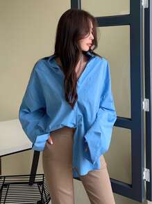 DAZY Solid Drop Shoulder Patched Pocket Shirt Long Sleeve - Blue - View 1