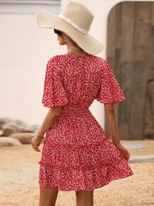 Breezaya 小碎花蝴蝶袖荷葉邊連衣裙