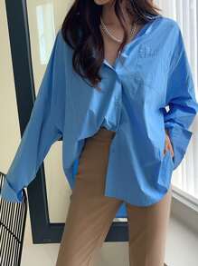 DAZY Solid Drop Shoulder Patched Pocket Shirt Long Sleeve - Blue - View 6