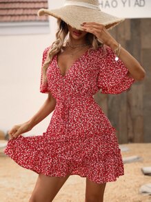 Breezaya 小碎花蝴蝶袖荷葉邊連衣裙