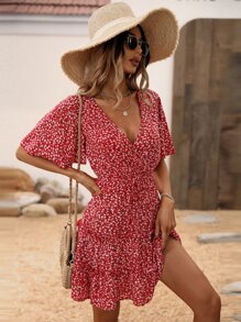 Breezaya 小碎花蝴蝶袖荷葉邊連衣裙