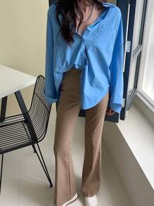 DAZY Solid Drop Shoulder Patched Pocket Shirt Long Sleeve - Blue - View 9