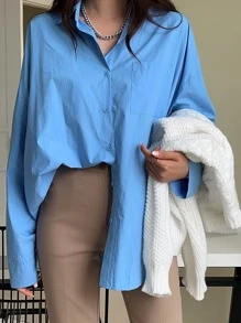 DAZY Solid Drop Shoulder Patched Pocket Shirt Long Sleeve - Blue - View 11