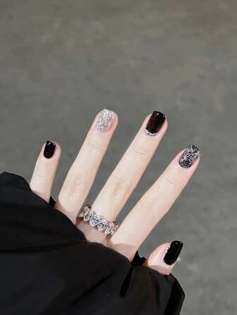 30個 短い正方形のダークフェアリーネイルステッカー、ジェルネイル1個、キューティクルプッシャー1個付き ネイルサプライ