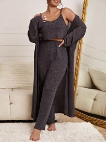 3 piezas tejido de canalé Top de tirantes con pantalones & Bata Conjunto de pijama