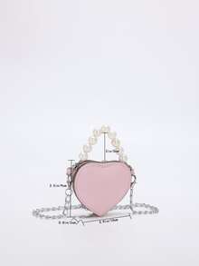 1 pezzo Mini borsa a forma di cuore con chiusura a cerniera in perle PU per ragazze, adatta per l'uso quotidiano, regalo di San Valentino - Rosa - Visualizzare 3