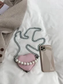 1 pezzo Mini borsa a forma di cuore con chiusura a cerniera in perle PU per ragazze, adatta per l'uso quotidiano, regalo di San Valentino - Rosa - Visualizzare 2