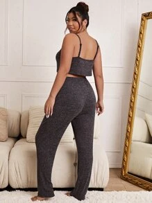 3 piezas tejido de canalé Top de tirantes con pantalones & Bata Conjunto de pijama