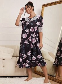 大碼印花蕾絲拼接荷葉邊睡裙