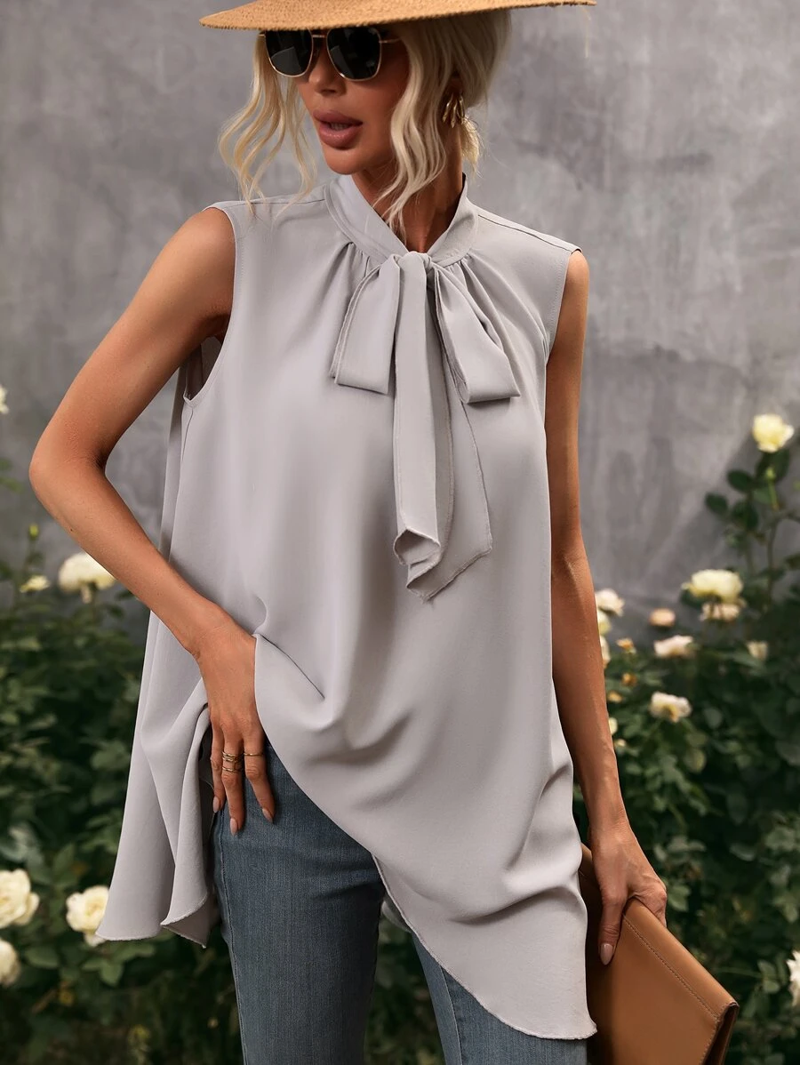 SHEIN Privé Tie Neck Sleeveless Blouse - Light Grey - View 1