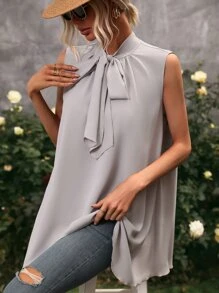 SHEIN Privé Tie Neck Sleeveless Blouse - Light Grey - View 6