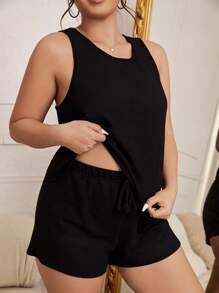 Plus Waffle Knit Criss Cross Back Tank Top & Shorts PJ Set - Black - View 2