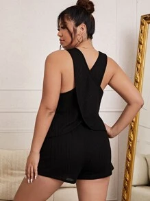 Plus Waffle Knit Criss Cross Back Tank Top & Shorts PJ Set - Black - View 3