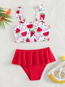 Tween Girl Watermelon Print Ruffle Trim Bikini Set Summer Beach - Red and White - View 5