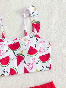 Tween Girl Watermelon Print Ruffle Trim Bikini Set Summer Beach - Red and White - View 3