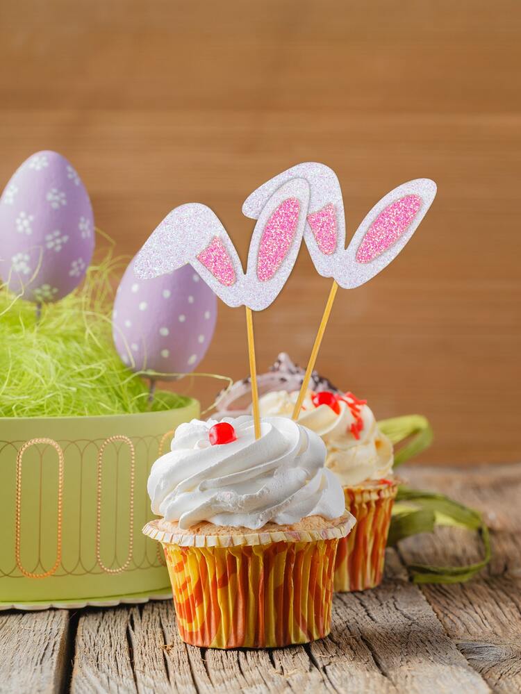 12 peças Topo de bolo orelha de coelho desenho - Rosa chiclete - Visão 2