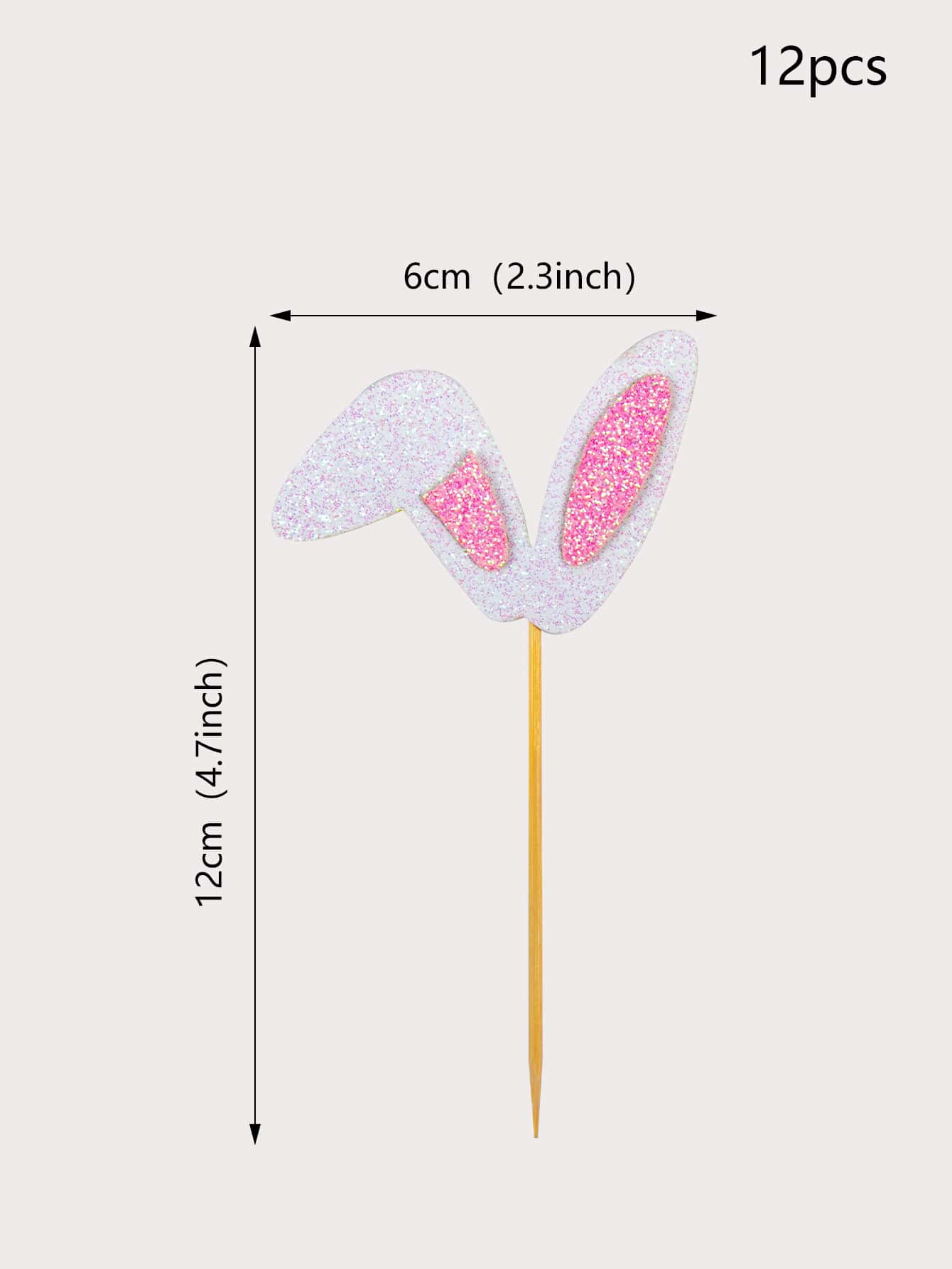 12 peças Topo de bolo orelha de coelho desenho - Rosa chiclete - Visão 3