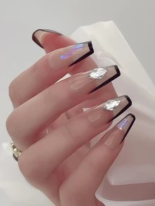 Upgrade Your Look with 24pcs Medium Coffin French Style 3D Rhinestone Decor Fake Nail & 1pc Nail File & 1sheet Tape - Multicolor - View 1