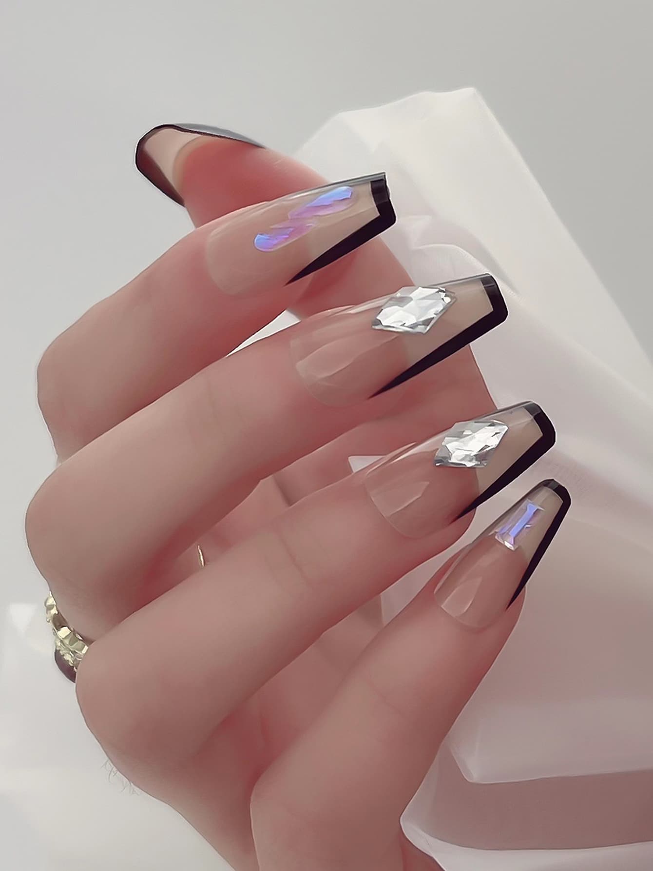 Upgrade Your Look with 24pcs Medium Coffin French Style 3D Rhinestone Decor Fake Nail & 1pc Nail File & 1sheet Tape - Multicolor - View 1