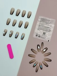 Upgrade Your Look with 24pcs Medium Coffin French Style 3D Rhinestone Decor Fake Nail & 1pc Nail File & 1sheet Tape - Multicolor - View 2