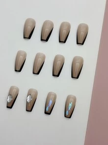 Upgrade Your Look with 24pcs Medium Coffin French Style 3D Rhinestone Decor Fake Nail & 1pc Nail File & 1sheet Tape - Multicolor - View 4