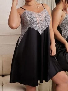 Plus Contrast Lace Satin Cami Nightdress - Black - View 5