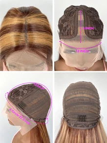 13*4*1 T-parte Peluca Sintética De Encaje Frontal En Color Piano Súper Larga Recta Mezclada Con Marrón Y Rubio Para Mujeres Uso Diario De 32 Pulgadas - Multicolor - Ver 6