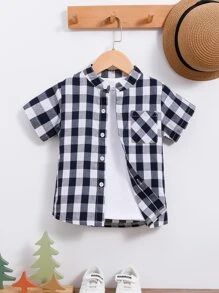 SHEIN 小男童雙色格子補丁貼口袋襯衫不帶T恤