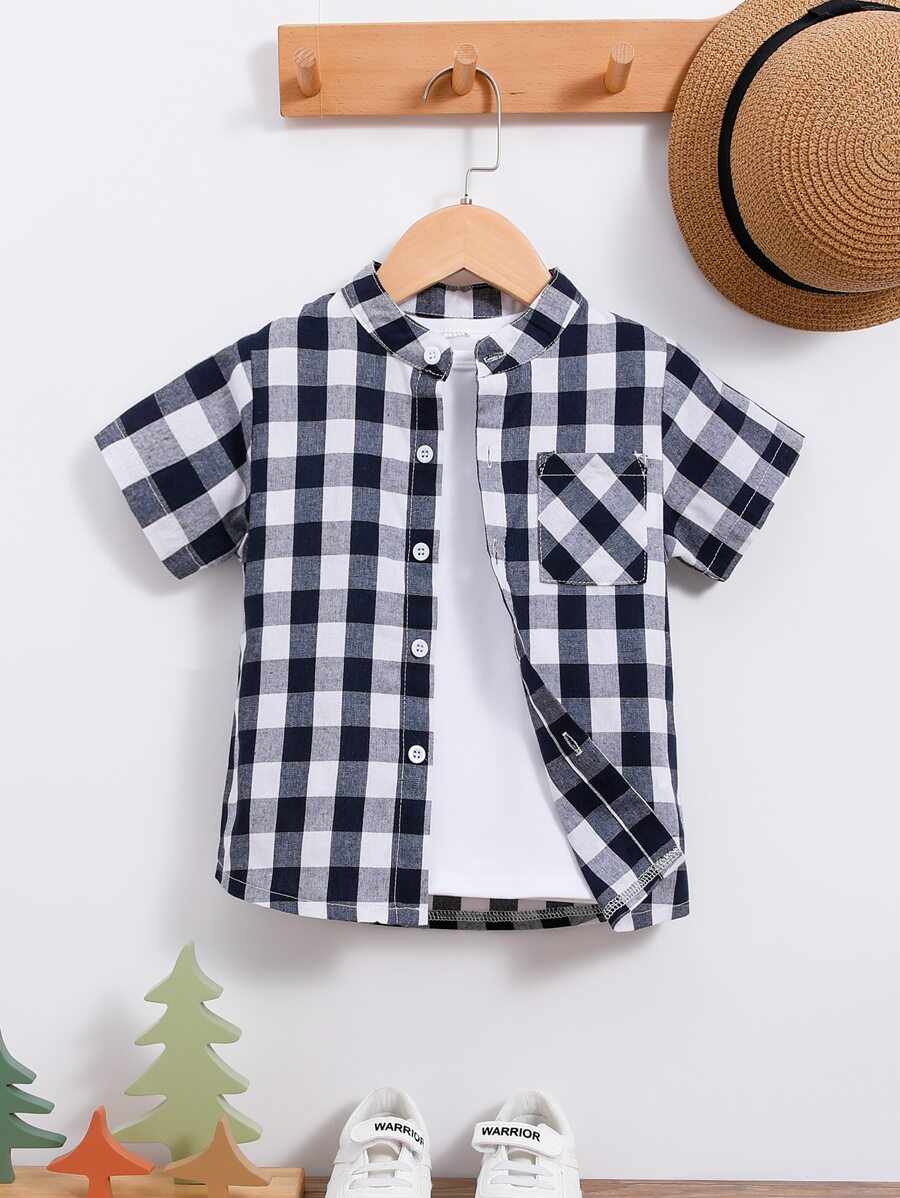 SHEIN 小男童雙色格子補丁貼口袋襯衫不帶T恤