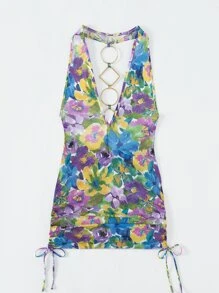 Floral Print Ring Detail Backless Halter Cover Up Dress Without Bikini - Multicolor - View 3