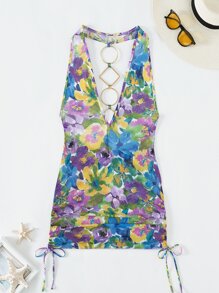 Floral Print Ring Detail Backless Halter Cover Up Dress Without Bikini - Multicolor - View 4