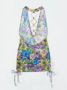 Floral Print Ring Detail Backless Halter Cover Up Dress Without Bikini - Multicolor - View 5