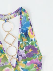 Floral Print Ring Detail Backless Halter Cover Up Dress Without Bikini - Multicolor - View 6