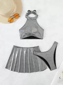 SHEIN Conjunto de bikini metálico holográfico Top halter fruncido y parte inferior de corte alto y falda Traje de baño de 3 piezas - Plateado - Ver 3