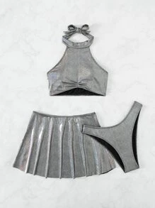 SHEIN Conjunto de bikini metálico holográfico Top halter fruncido y parte inferior de corte alto y falda Traje de baño de 3 piezas - Plateado - Ver 6