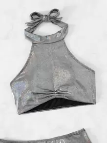 SHEIN Conjunto de bikini metálico holográfico Top halter fruncido y parte inferior de corte alto y falda Traje de baño de 3 piezas - Plateado - Ver 4