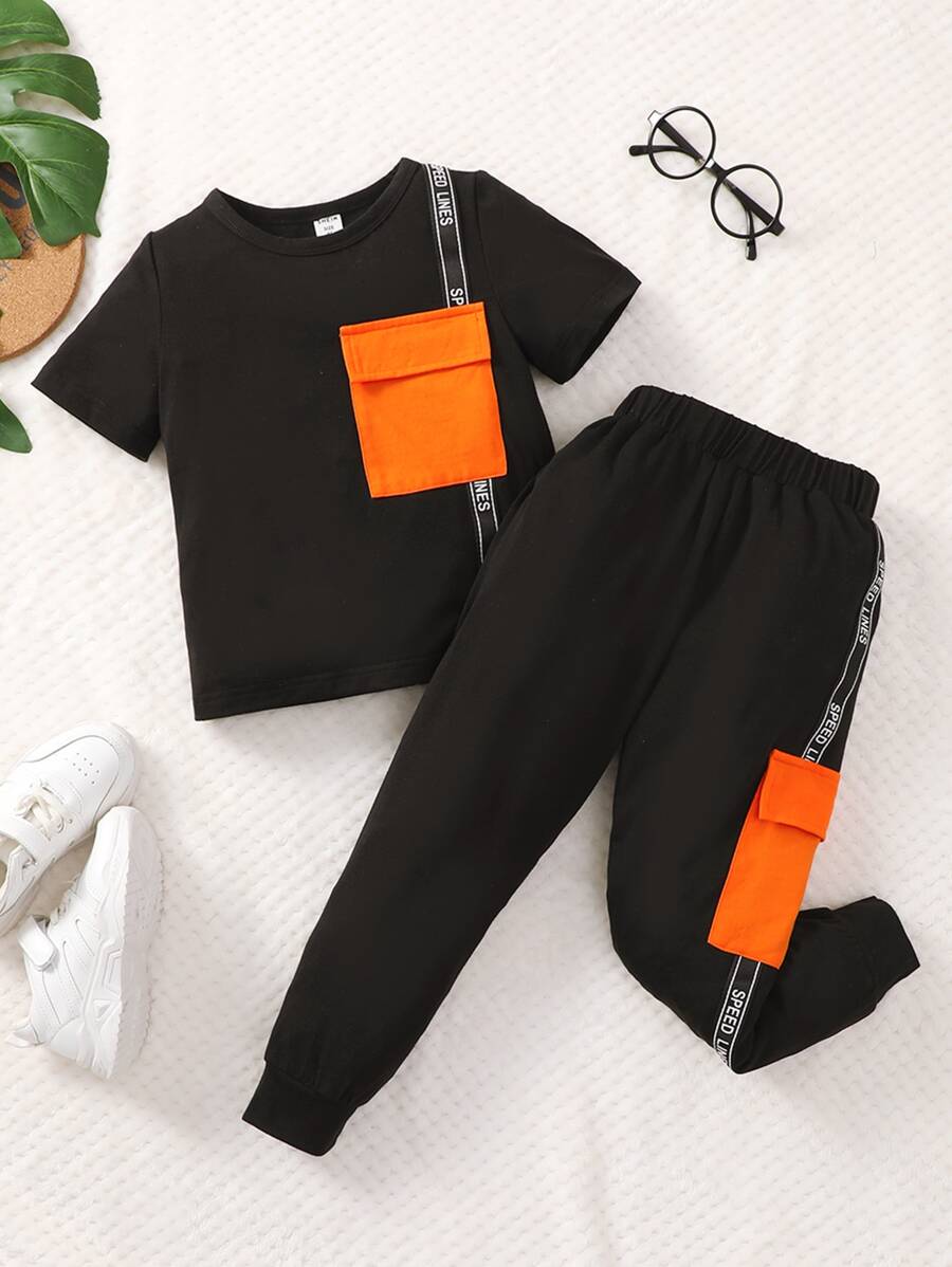 SHEIN Explorewe Young Boy Contrast Letter Tape Flap Pocket Tee & Sweatpants