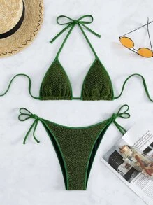 SHEIN Swim 夏季海灘閃亮頸後三角微型比基尼套裝 - 墨綠色 - 查看 3