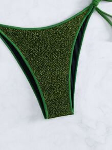 SHEIN Swim 夏季海灘閃亮頸後三角微型比基尼套裝 - 墨綠色 - 查看 6