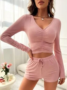 Ruched Front Crop Tee & Knot Waist Shorts Lounge Set - Dusty Pink - View 1