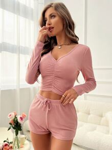 Ruched Front Crop Tee & Knot Waist Shorts Lounge Set - Dusty Pink - View 3