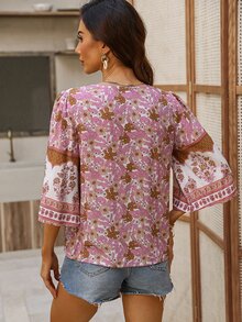 SHEIN LUNE Blusa con estampado floral con encaje - Rosa - Ver 2