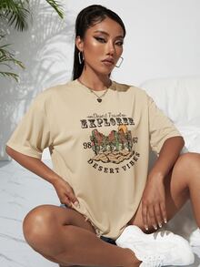SHEIN EZwear 字母和仙人掌落肩T恤 - 卡其色 - 查看 3