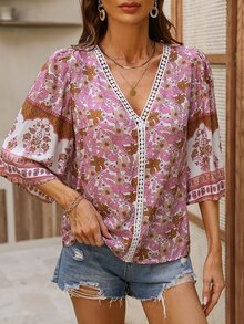 SHEIN LUNE Blusa con estampado floral con encaje - Rosa - Ver 5