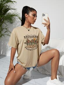 SHEIN EZwear 字母和仙人掌落肩T恤 - 卡其色 - 查看 4