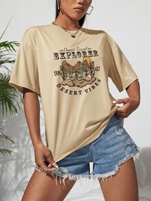 SHEIN EZwear 字母和仙人掌落肩T恤 - 卡其色 - 查看 5