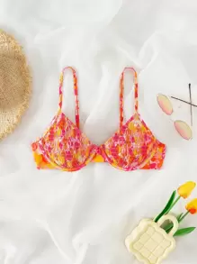 SHEIN Swim Summer Beach Allover Print Smocked Underwire Bikini Top