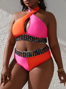 SHEIN Swim Curve Plus Size Colorblock Stitch Detail Halter Bikini Set Summer Beach - Multicolor - View 3