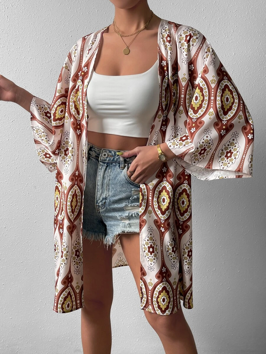 Floral Print Open Front Kimono - Multicolor - View 1